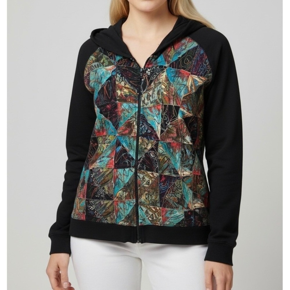 Chicos Full Zip Hoodie Black Multicolor Abstract Beaded Art to Wear Size 3 L XL